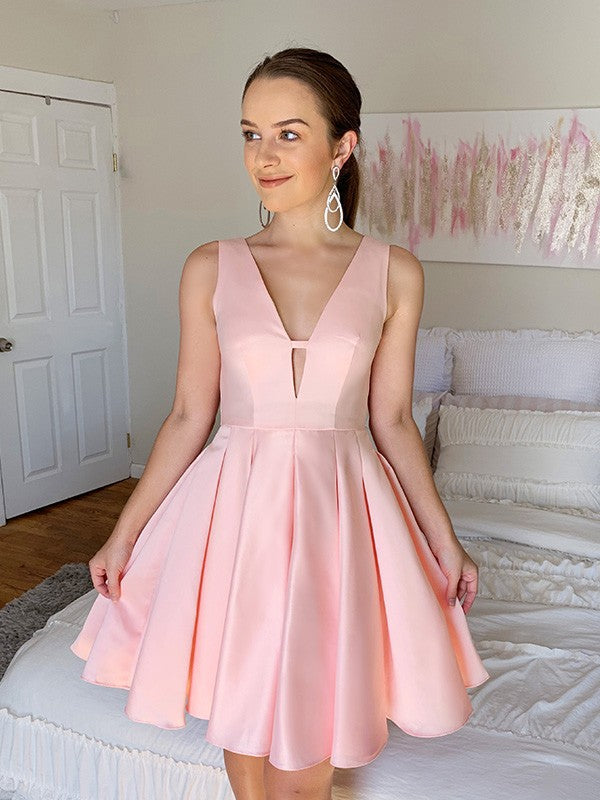 Pink Satin A-Line V-Neck Back Zip Short Dress