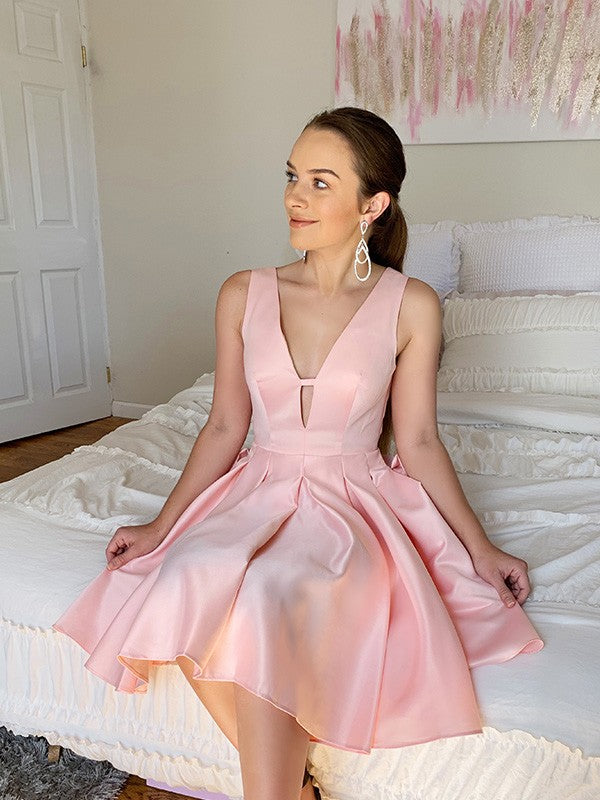 Pink Satin A-Line V-Neck Back Zip Short Dress