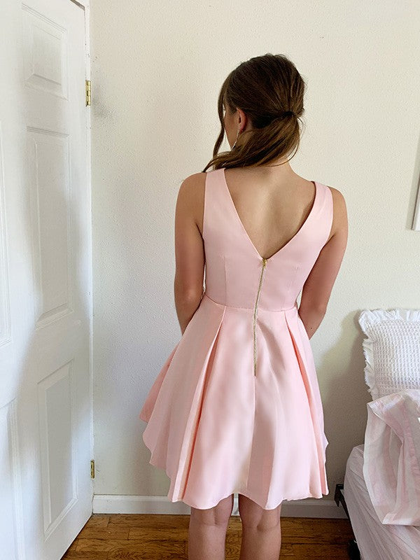 Pink Satin A-Line V-Neck Back Zip Short Dress
