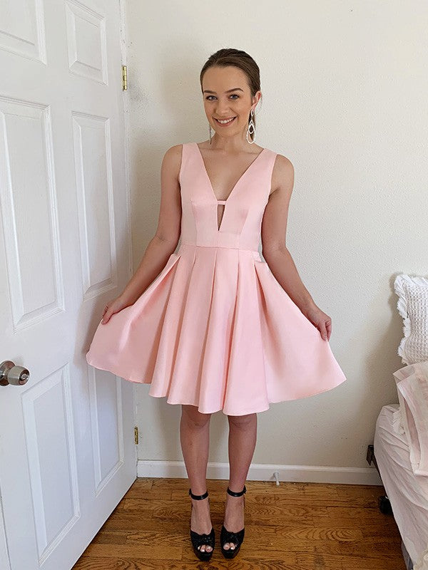 Pink Satin A-Line V-Neck Back Zip Short Dress
