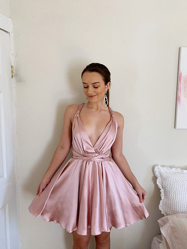 Vestidos de fiesta cortos/mini de corte A/princesa, sin mangas, con escote en V y volantes, de satén tipo seda