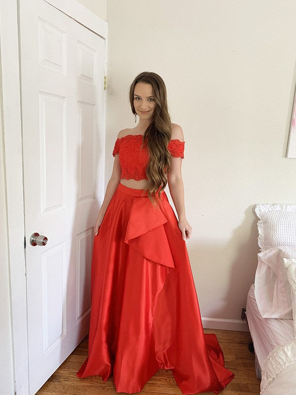 Vestido de dos piezas de corte A/princesa, de satén, con encaje, hombros descubiertos, sin mangas y cola larga