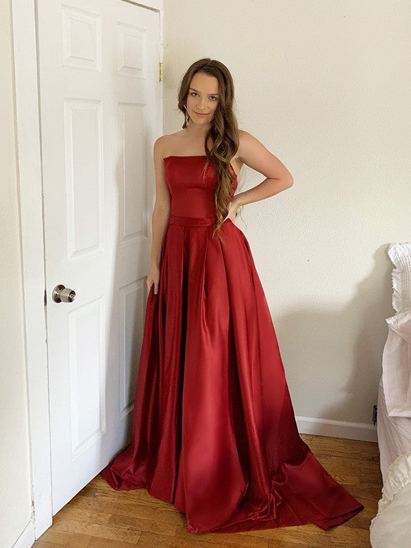Vestidos de gala con volantes, satén, cola larga, sin mangas y sin tirantes