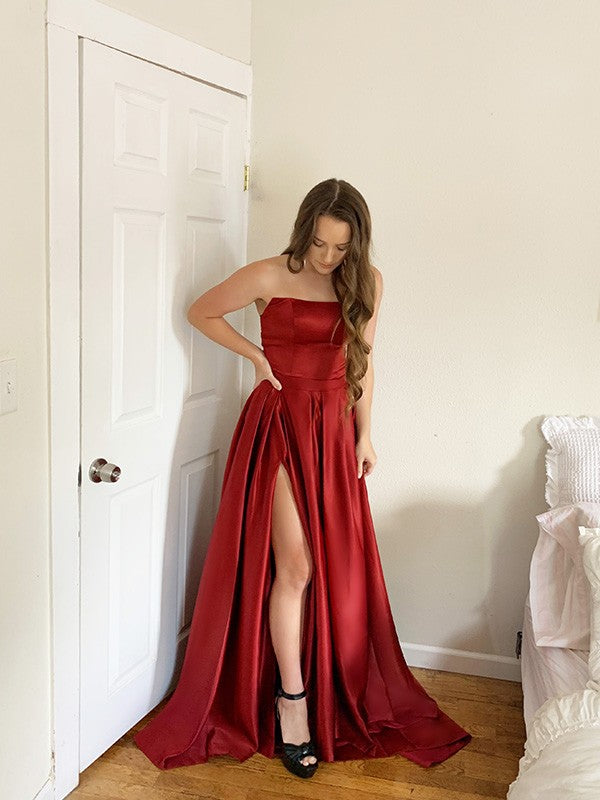 Vestidos de gala con volantes, satén, cola larga, sin mangas y sin tirantes