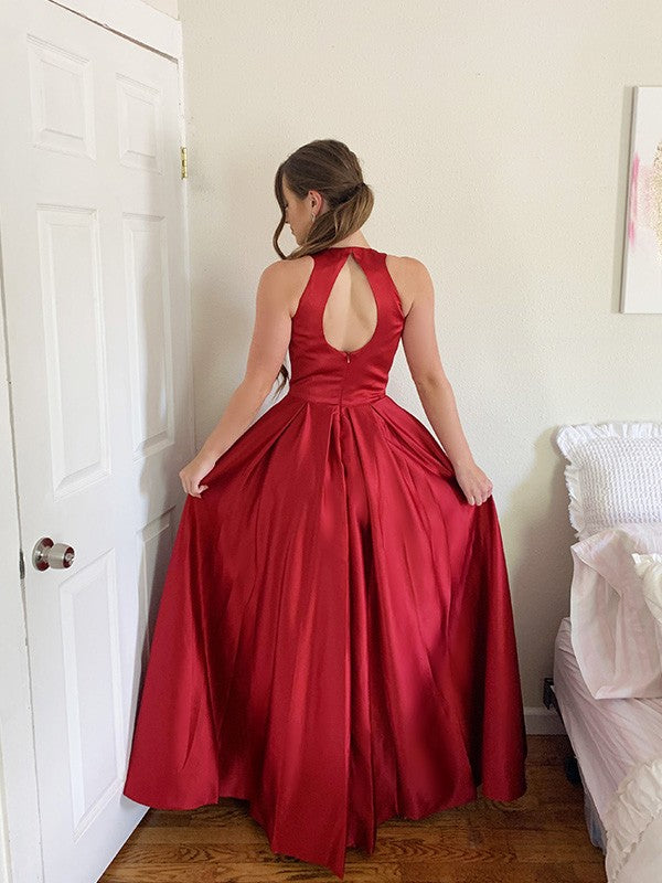 Vestidos de satén con escote halter, sin mangas, corte princesa y cuentas hasta el suelo