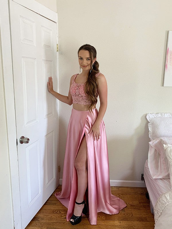 Vestido de dos piezas con corte A/princesa, apliques cuadrados, satén tipo seda, sin mangas, cola larga