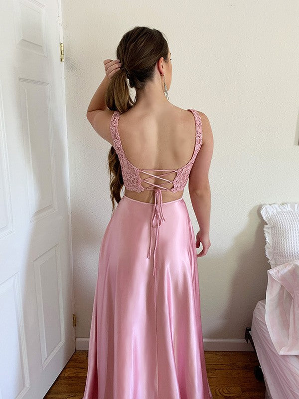 Vestido de dos piezas con corte A/princesa, apliques cuadrados, satén tipo seda, sin mangas, cola larga