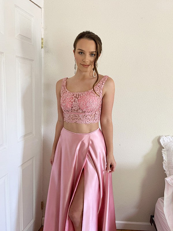 Vestido de dos piezas con corte A/princesa, apliques cuadrados, satén tipo seda, sin mangas, cola larga