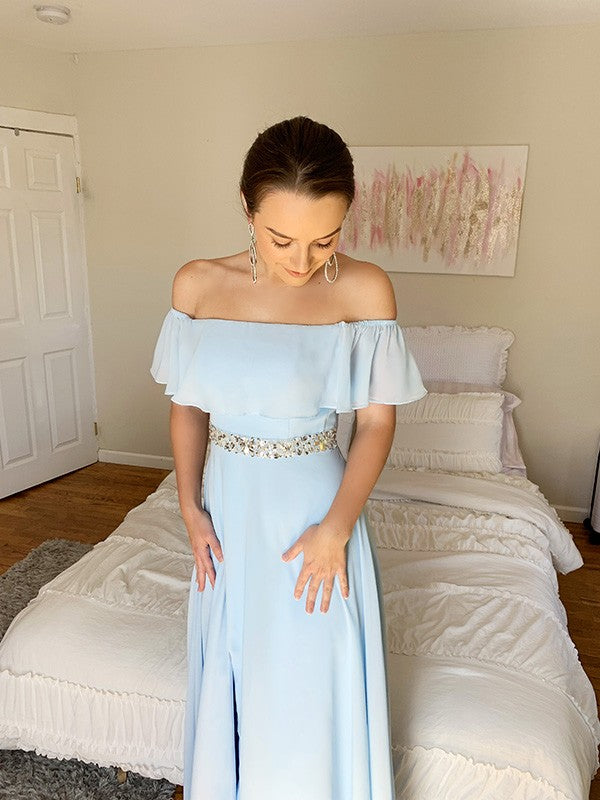 Dusty Blue Chiffon Off-the-Shoulder A-Line Floor-Length Dress with Off-the-shoulder Ruffle and High Slit