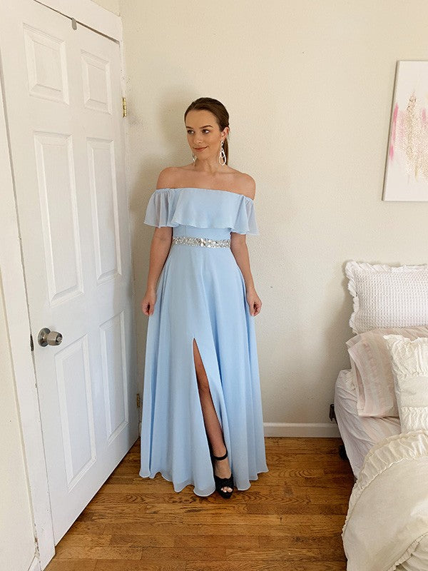 Dusty Blue Chiffon Off-the-Shoulder A-Line Floor-Length Dress with Off-the-shoulder Ruffle and High Slit