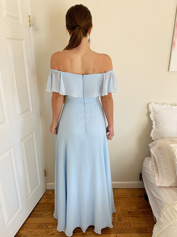 Dusty Blue Chiffon Off-the-Shoulder A-Line Floor-Length Dress with Off-the-shoulder Ruffle and High Slit