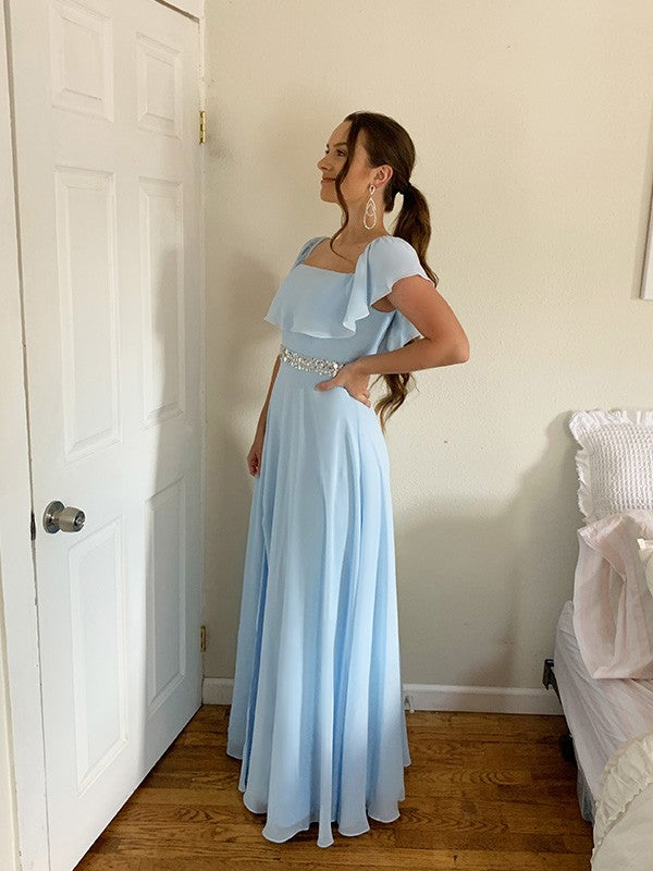 Dusty Blue Chiffon Off-the-Shoulder A-Line Floor-Length Dress with Off-the-shoulder Ruffle and High Slit