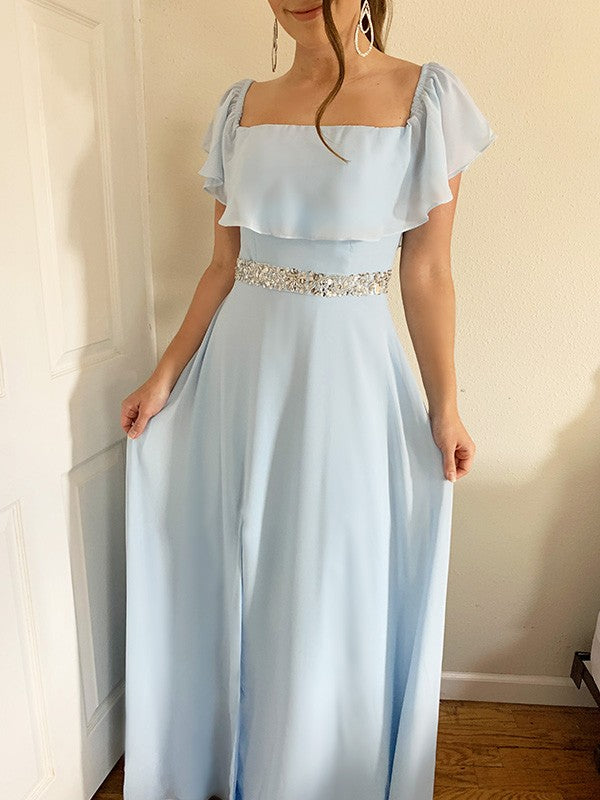 Dusty Blue Chiffon Off-the-Shoulder A-Line Floor-Length Dress with Off-the-shoulder Ruffle and High Slit