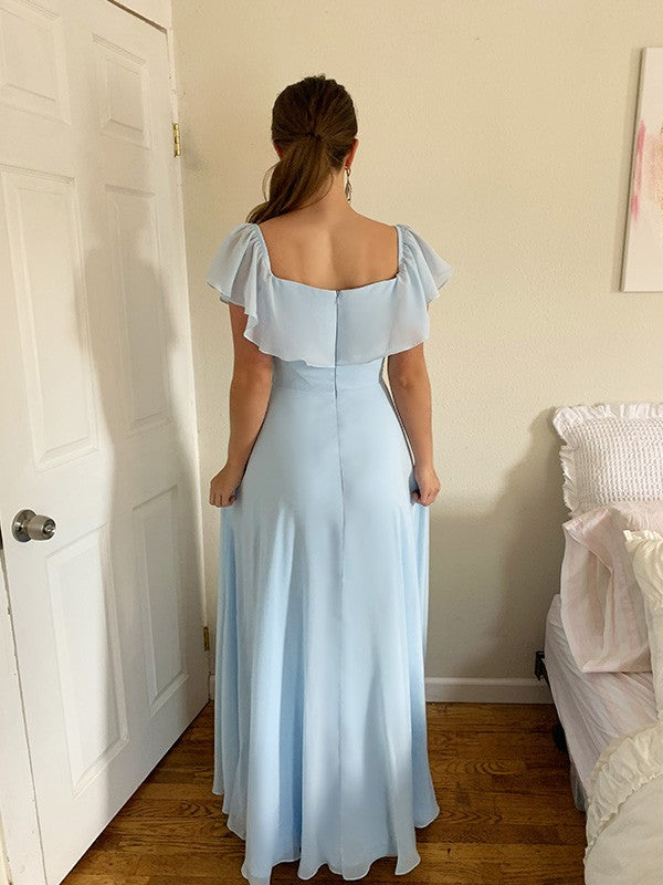 Dusty Blue Chiffon Off-the-Shoulder A-Line Floor-Length Dress with Off-the-shoulder Ruffle and High Slit