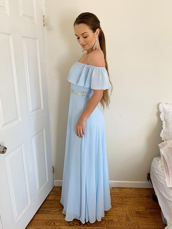 Dusty Blue Chiffon Off-the-Shoulder A-Line Floor-Length Dress with Off-the-shoulder Ruffle and High Slit