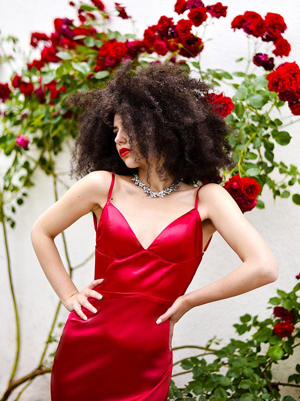 Sheath/Column Silk like Satin V-neck Sleeveless Ruffles Sweep/Brush Train Dresses