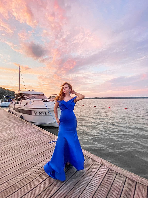 Trumpet/Mermaid Satin Ruffles Off-the-Shoulder Sleeveless Sweep/Brush Train Dresses