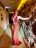 Burgundy Chiffon Mermaid Floor-Length Dress with Embellished Halter Neck & Side Cut-Outs