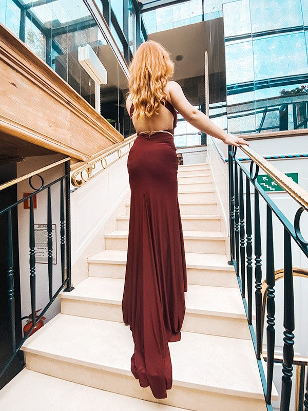 Burgundy Chiffon Mermaid Floor-Length Dress with Embellished Halter Neck & Side Cut-Outs