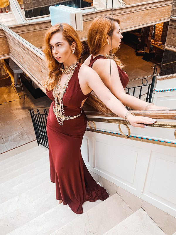 Burgundy Chiffon Mermaid Floor-Length Dress with Embellished Halter Neck & Side Cut-Outs