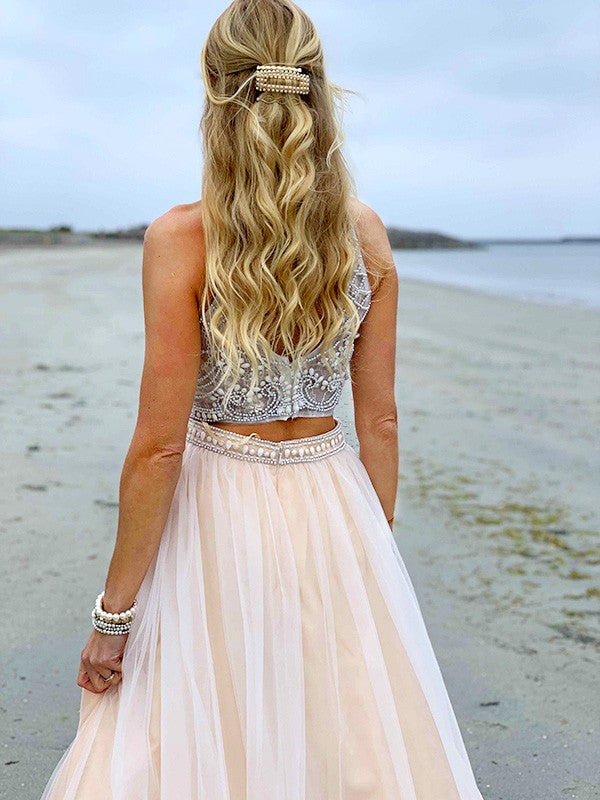 Vestido de dos piezas corte A/princesa, cuello alto, tul, cuentas, sin mangas, largo hasta el suelo