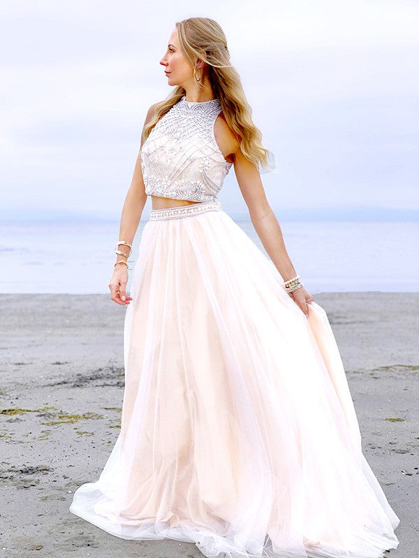 Vestido de dos piezas corte A/princesa, cuello alto, tul, cuentas, sin mangas, largo hasta el suelo