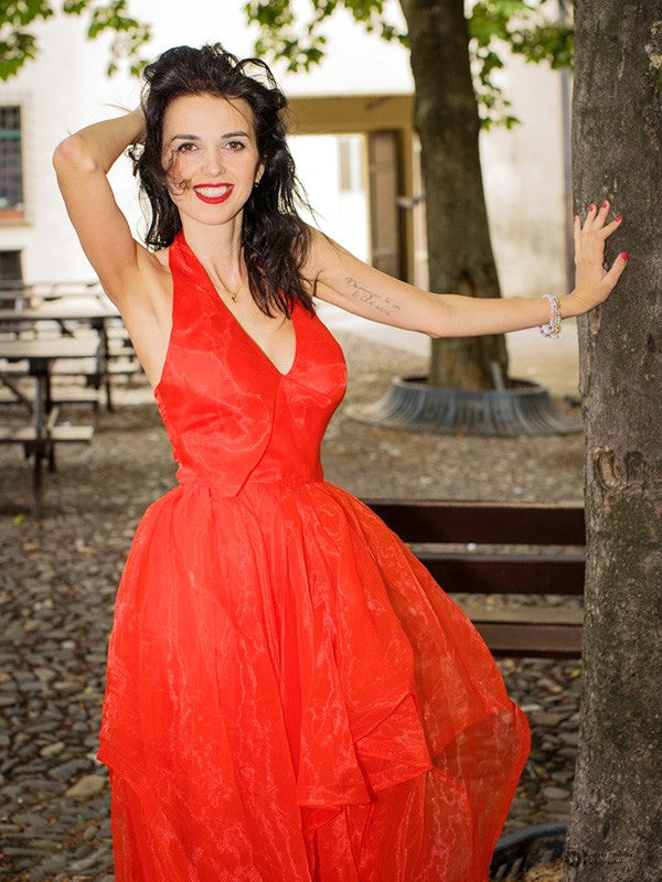 Red Chiffon A-Line Floor-Length Dress with Halter neckline and Backless