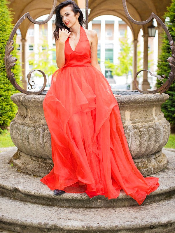 Red Chiffon A-Line Floor-Length Dress with Halter neckline and Backless