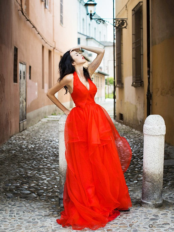 Red Chiffon A-Line Floor-Length Dress with Halter neckline and Backless