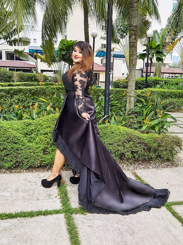 Black Lace & Satin Asymmetrical A-Line Evening Dress with Boat Neck
