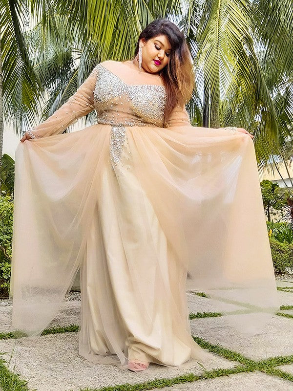 Champagne Tulle A-Line Off-the-Shoulder Floor-Length Evening Dress