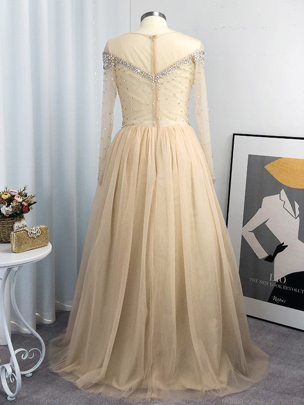 Vestido de fiesta de tul, mangas largas, hombros descubiertos, lentejuelas, largo hasta el suelo, talla grande