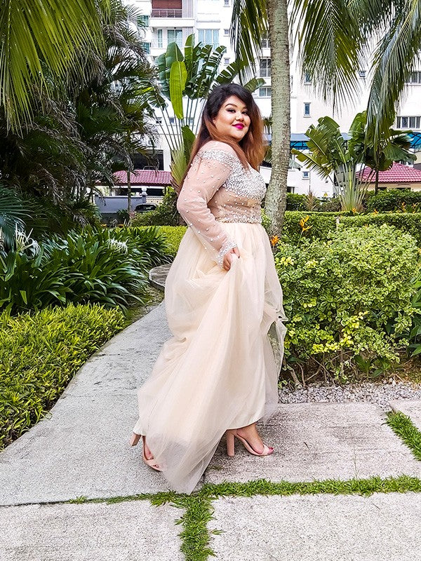 Vestido de fiesta de tul, mangas largas, hombros descubiertos, lentejuelas, largo hasta el suelo, talla grande