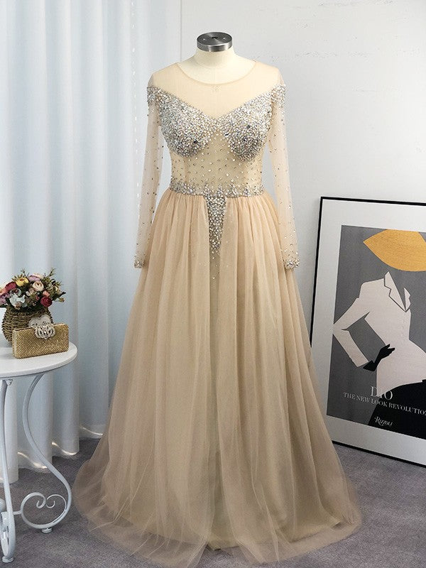 Champagne Tulle A-Line Off-the-Shoulder Floor-Length Evening Dress