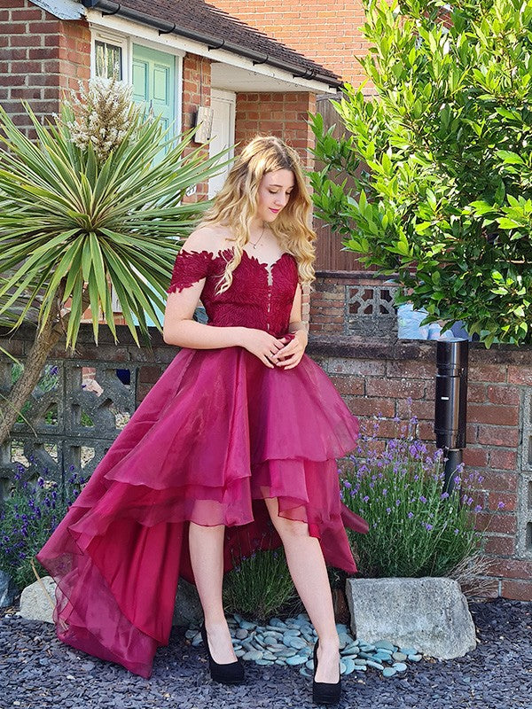 Vestidos asimétricos de corte A/princesa, de organza, sin mangas, con hombros descubiertos y apliques