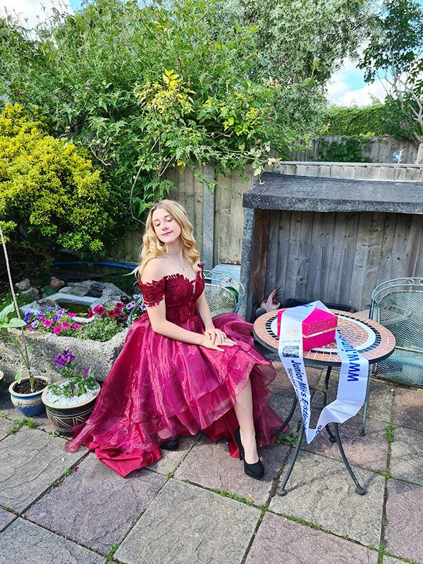Vestidos asimétricos de corte A/princesa, de organza, sin mangas, con hombros descubiertos y apliques