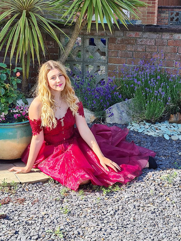 Vestidos asimétricos de corte A/princesa, de organza, sin mangas, con hombros descubiertos y apliques