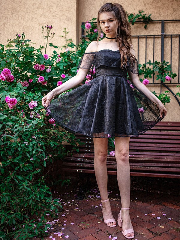 Black Chiffon A-Line Off-the-Shoulder Back Zip Short Dress