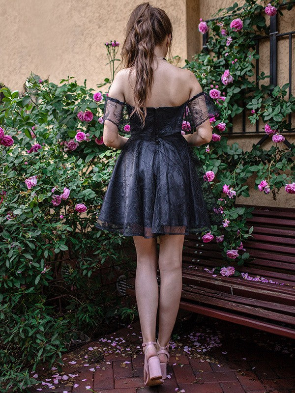 Black Chiffon A-Line Off-the-Shoulder Back Zip Short Dress