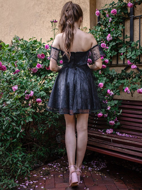 Vestidos de fiesta de gasa cortos/mini sin mangas con hombros descubiertos y corte A/princesa
