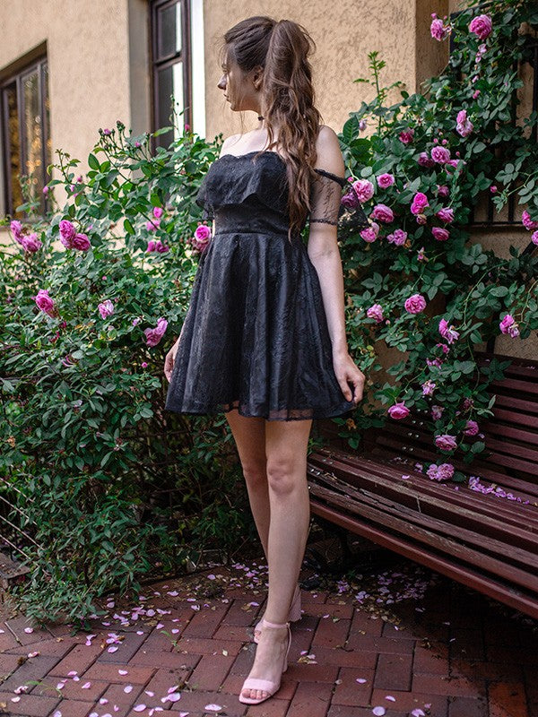 Black Chiffon A-Line Off-the-Shoulder Back Zip Short Dress