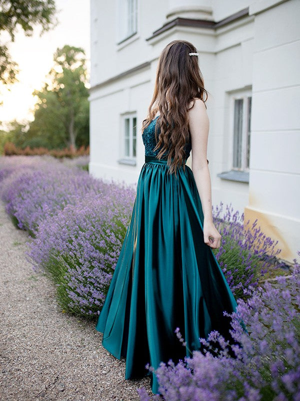 A-Line Spaghetti Straps Sleeveless Floor-Length With Lace Silk like Satin Dresses