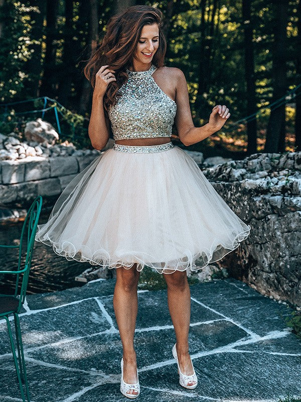 Silver and Blushing Pink Sequin and Tulle A-Line Short Dress with Halter neckline and Backless