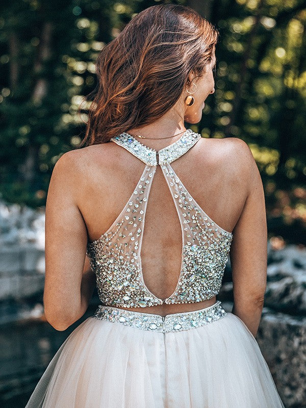 Silver and Blushing Pink Sequin and Tulle A-Line Short Dress with Halter neckline and Backless
