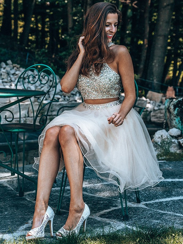 Silver and Blushing Pink Sequin and Tulle A-Line Short Dress with Halter neckline and Backless