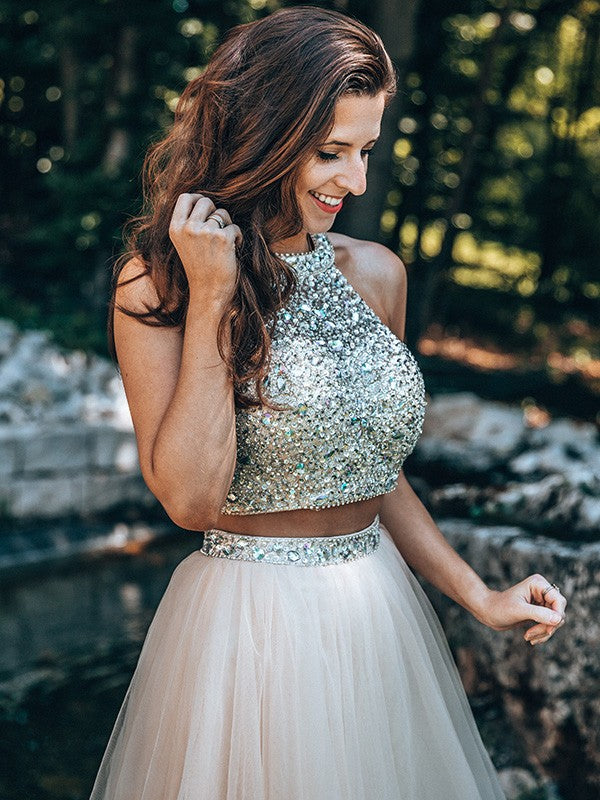 Silver and Blushing Pink Sequin and Tulle A-Line Short Dress with Halter neckline and Backless