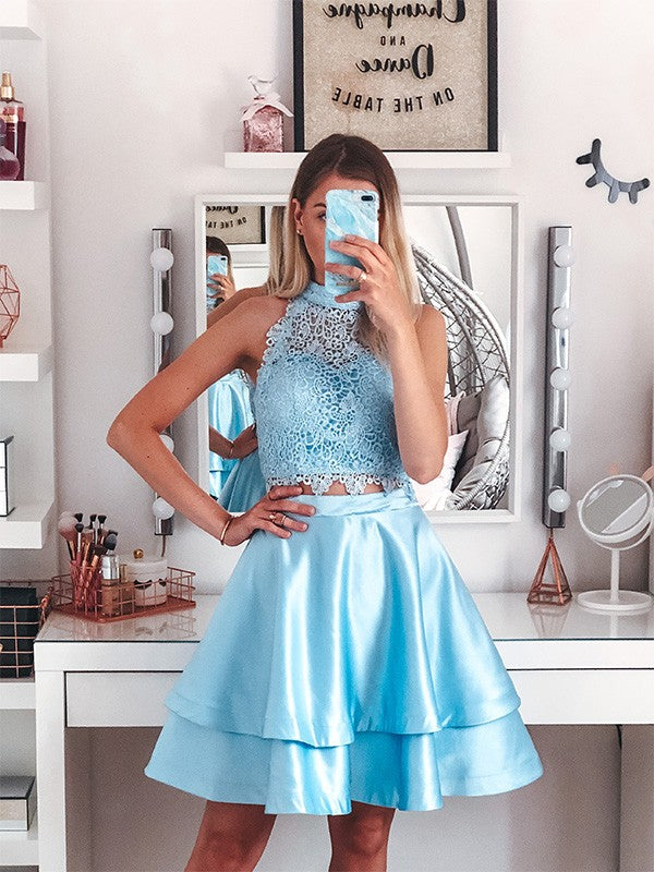 Vestidos de fiesta de dos piezas de corte A/princesa, de satén, con encaje, sin mangas, estilo halter, cortos o mini