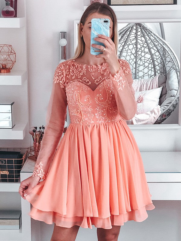 Coral Lace A-Line Short Dress with Boat Neck and Back Zip