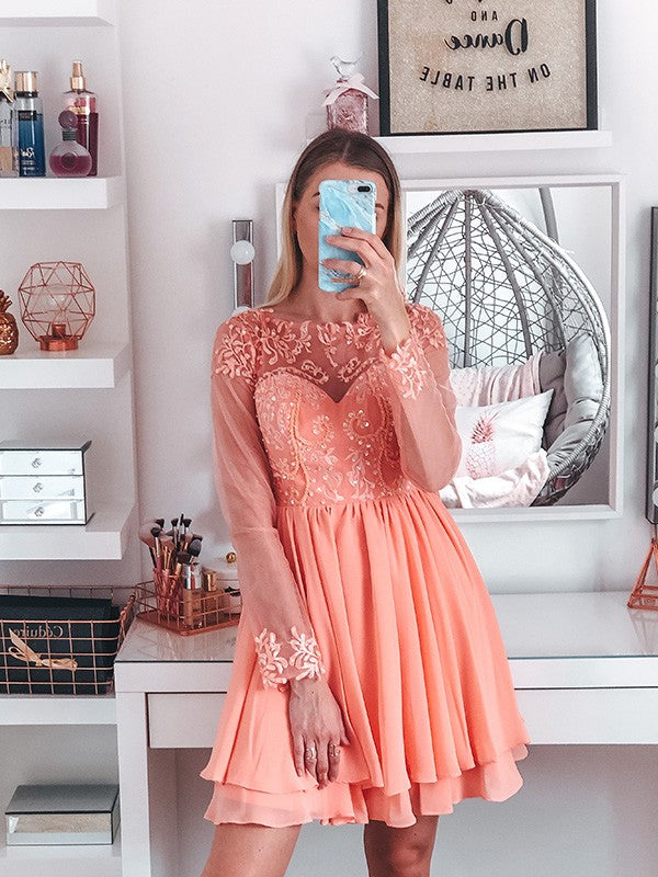 Coral Lace A-Line Short Dress with Boat Neck and Back Zip