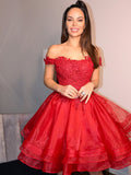 Red Off-the-Shoulder Lace Organza Short A-Line Dress